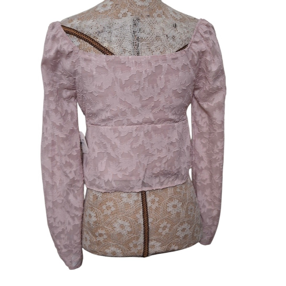 Altar'd State‎ Pale Pink Lace Square Neck Puff Sleeve Tie Front Cropped Blouse S - Picture 3 of 7